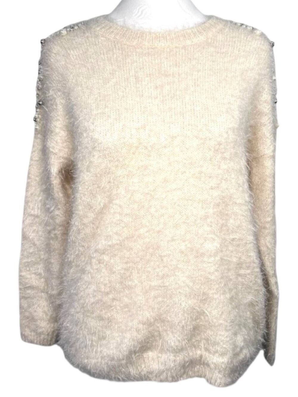Mizumi Pearl Beaded Sweater Ivory Fuzzy Y2K Knit Pullover Small